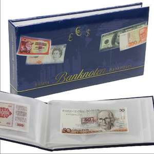 Taschen Banknotenalbum mit 24 Folienblättern. Format ca. 115 x 220 x 25 mm