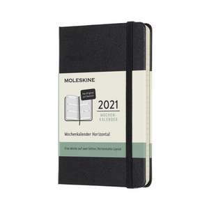 Moleskine 12 Monate Wochenkalender Deutsch 2021 Pocket/A6, 1 Wo = 2 Seiten, horizontal, Fester Einband, Schwarz