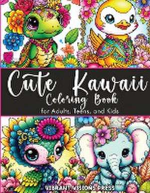 Cute Kawaii Coloring Book for Adults, Teens, and Kids-Adorned with Jewelry and Floral Designs-Cat, Dog, Duck, Fairy, Elephant, Giraffe, Cow, Pig, and More de Vibrant Visions