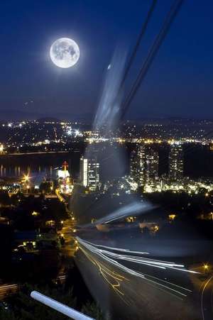 Full Moon and Tram Shadow Over Portland Oregon at Night Journal de Cs Creations