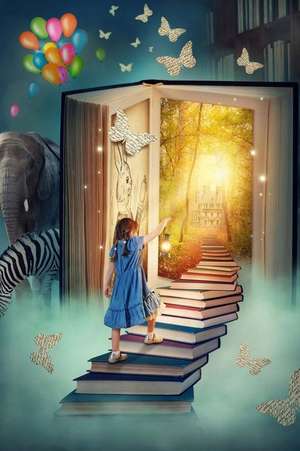 Little Girl Climbing Up the Steps to Magical Book Land Illustration Journal de Cs Creations