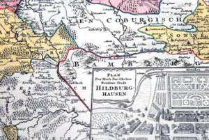 Historische Karte: Fürstentums Hildburghausen mit den Ämtern Eisfeld, Hildburghausen, Schalkau, Sonnenfeld, Heldburg, Königsberg, Amt Römhild und Amt Sesslach - 1729 (Plano) de Johann B Homann