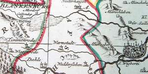 Historische Karte: Fürstentum Halberstadt mit der Abtei Quedlinburg und der Grafschaft Werningerode und der Harz 1760 (Plano) de Peter (der Jüngere) Schenk