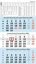 3-Monatskalender blau 2025 - 33x45 - mit Kopftafel - Datumsschieber - 958-0015